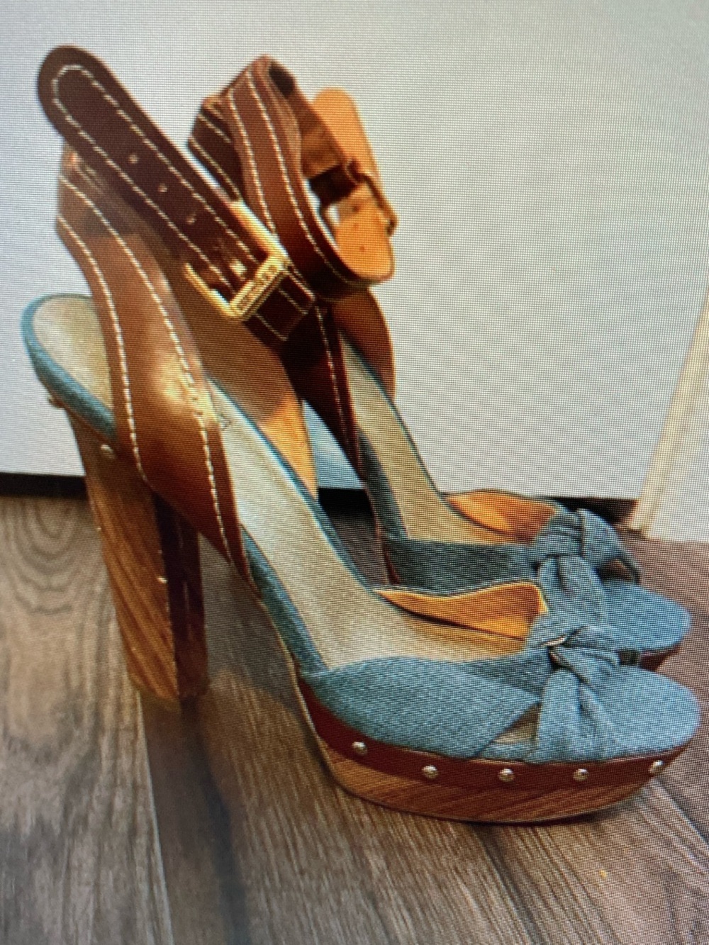 Denim Knot Front Platform Slingback Heels - Brown & Blue